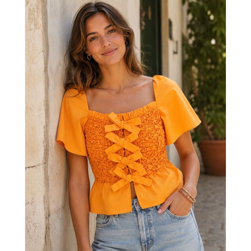 Anthropologie MARE MARE Smoked Bow Tie Top Size Large Orange Cottagecore Blouse